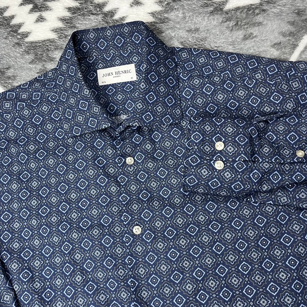 John Henric Sweden Navy Geometric Cotton Dress Shirt 16.5 42